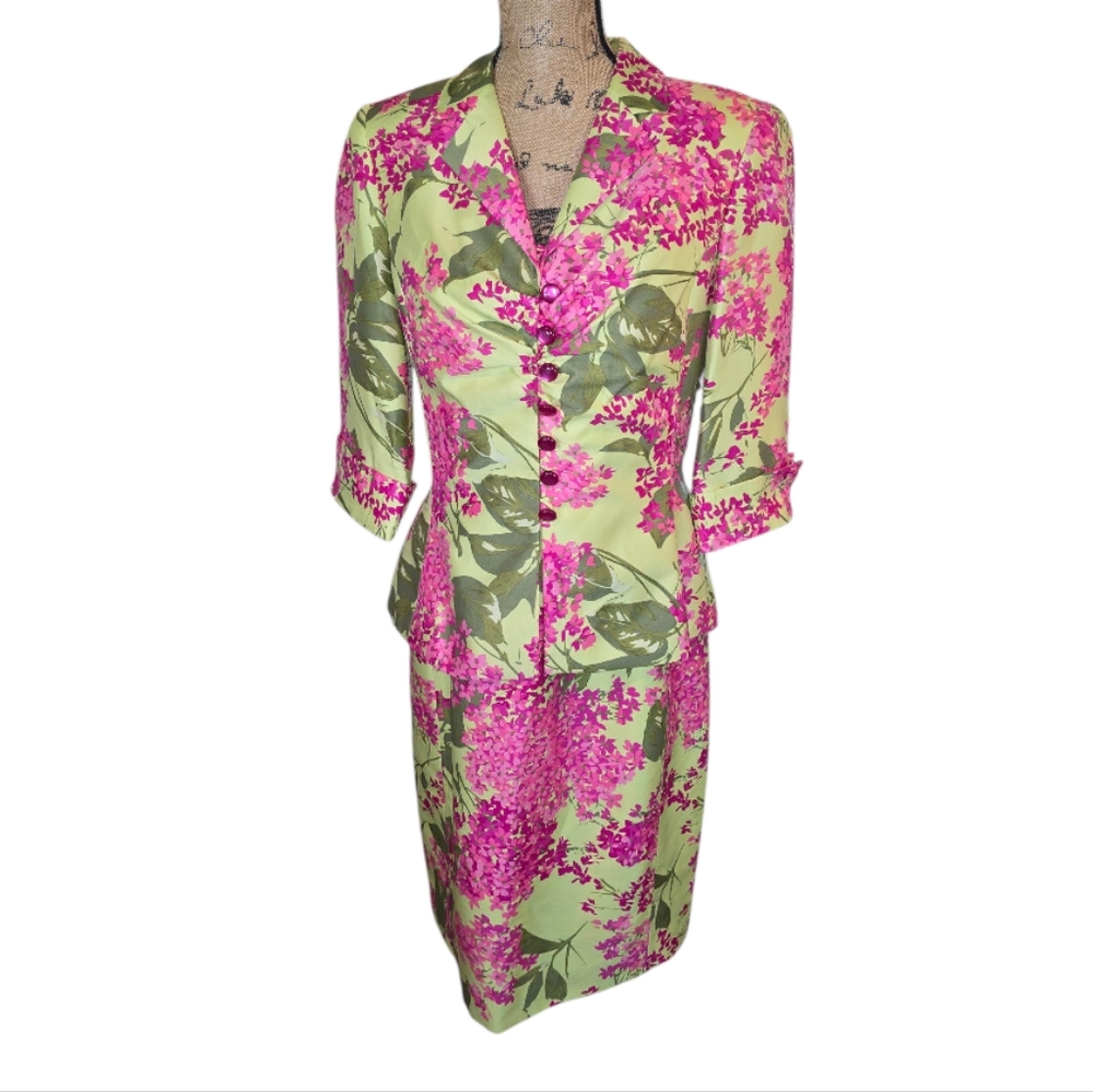 Novello Bloom 100% Silk Floral Pink‎ and Green Women's Dress Suit Set Size 10